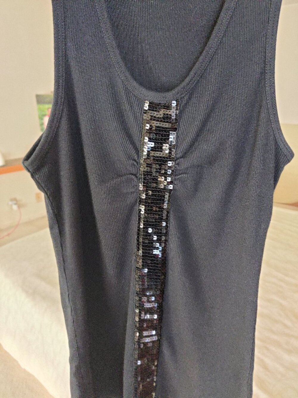 Ribbed Tank Top with Sequins SZ-Small in BLACK